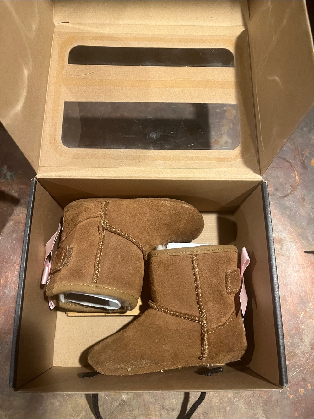 UGG Chestnut Suede Baby Boots with Pink Bow